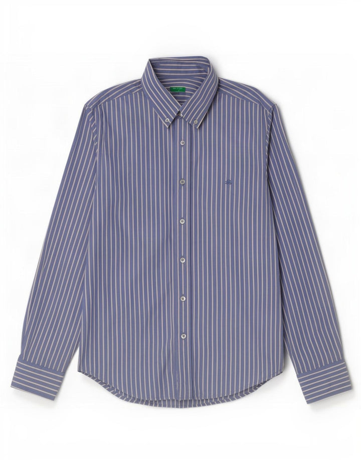 Camisa masculina Benetton de algodão listrado azul médio