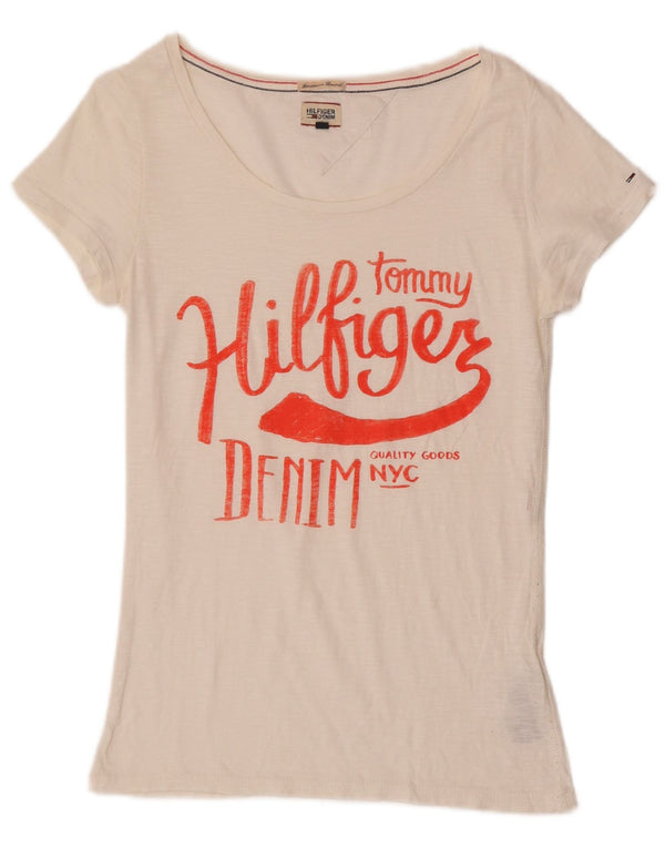 Tommy Hilfiger Camiseta feminina gráfica Top UK 8 pequeno algodão branco
