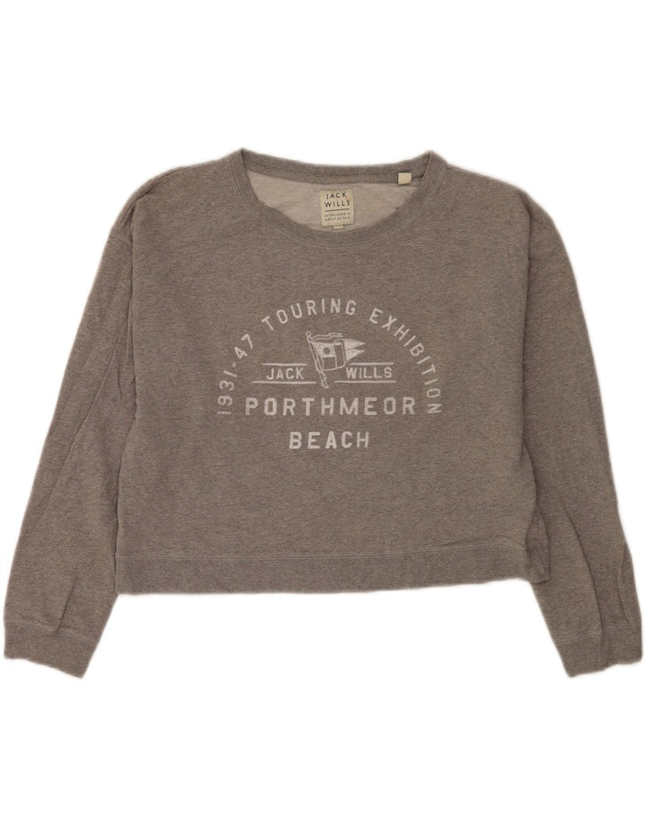 Jack Wills moletom feminino com corte gráfico jumper Reino Unido 12 algodão cinza médio