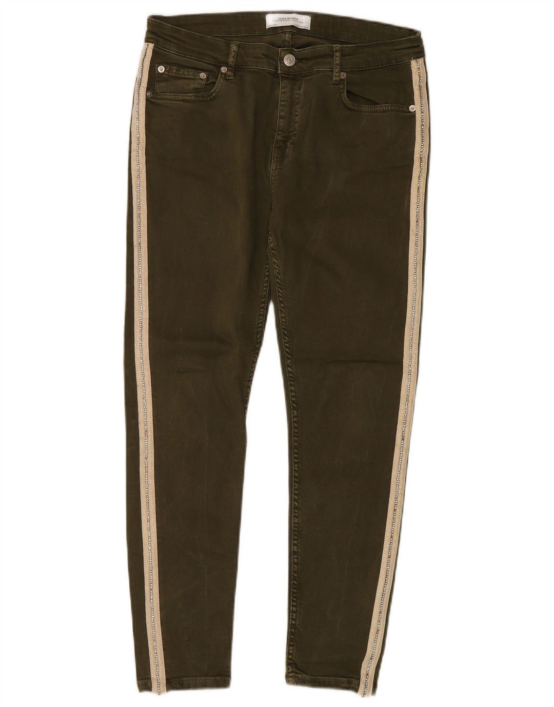 Zara Jeans feminino slim EU 40 médio W30 L27 cáqui colorblock
