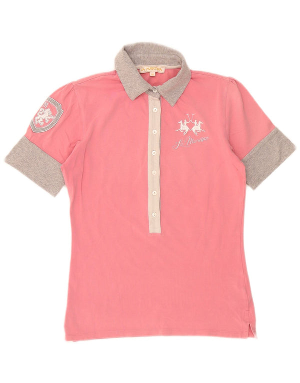 Camisa polo feminina La Martina UK 12 algodão colorblock rosa médio