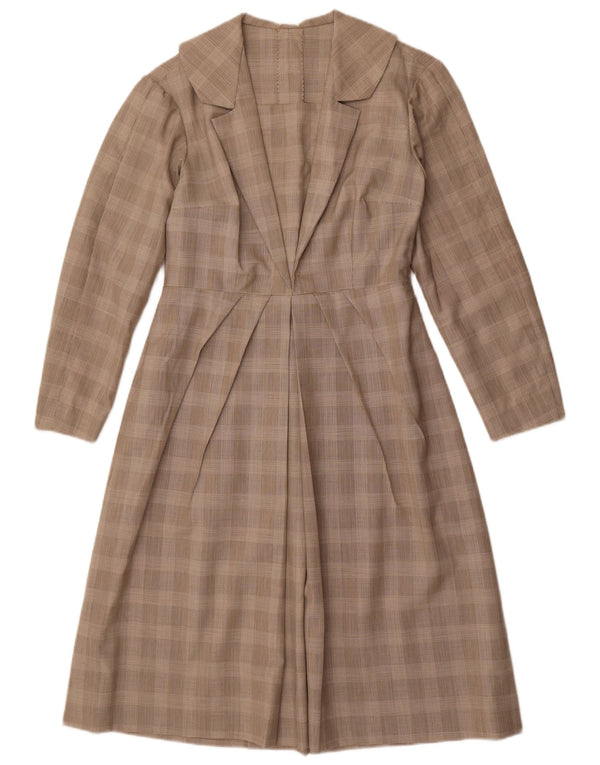 Vestido feminino vintage manga comprida evasê UK 12 xadrez cinza médio