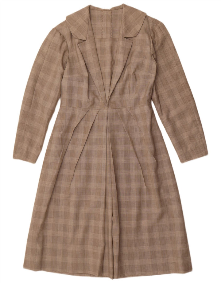 Vestido feminino vintage manga comprida evasê UK 12 xadrez cinza médio