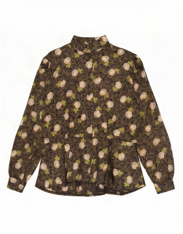 Blusa feminina vintage UK 14 médio cáqui floral