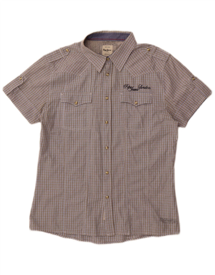 PEPE Jeans Camisa militar masculina de manga curta XL cinza xadrez algodão