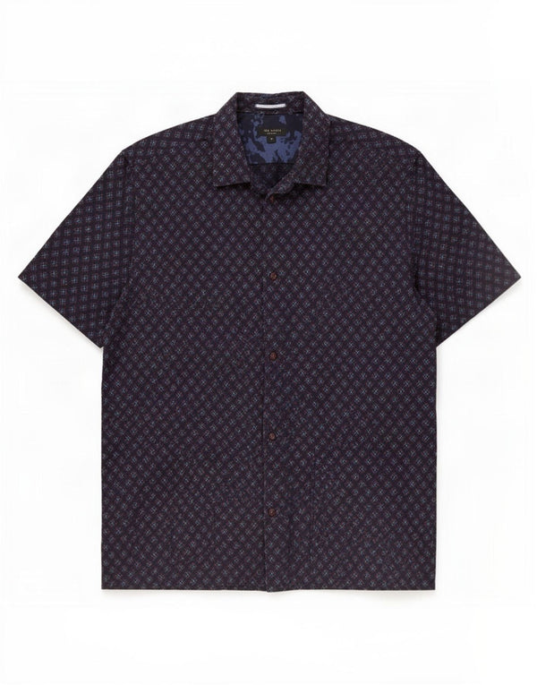 Camisa masculina de manga curta Ted Baker tamanho 5 XL azul marinho algodão geométrico