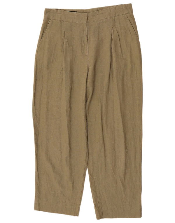 Calça feminina Zara cintura alta cônica cortada média W28 L26 linho cáqui