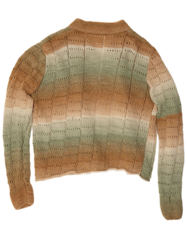 Suéter cardigã aberto feminino vintage Reino Unido 18 XL listrado marrom
