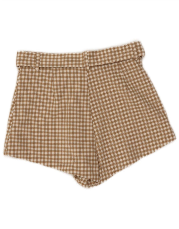 Calça quente feminina Zara cintura alta pequena W26 poliéster bege guingão