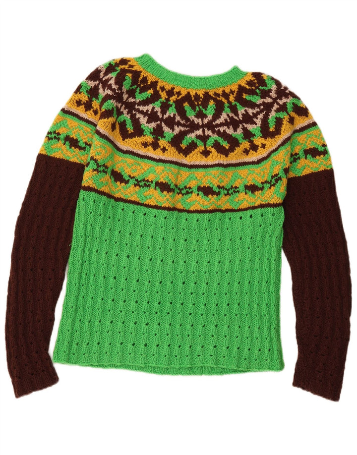 Suéter feminino VINTAGE com gola canoa Reino Unido 12 médio verde Fair Isle