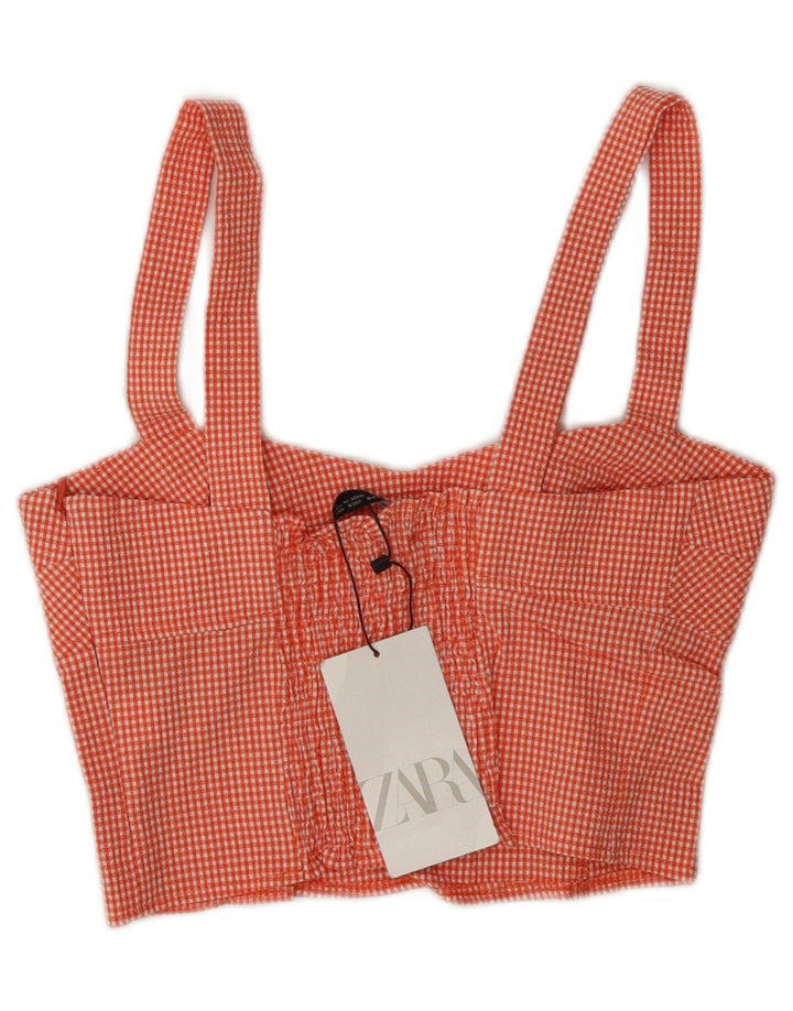 Top curto feminino sem mangas Zara Reino Unido 8 pequeno algodão guingão vermelho