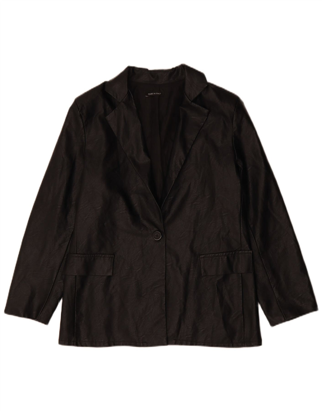 Jaqueta blazer feminina VINTAGE de couro sintético com 1 botão Reino Unido 12 médio preto