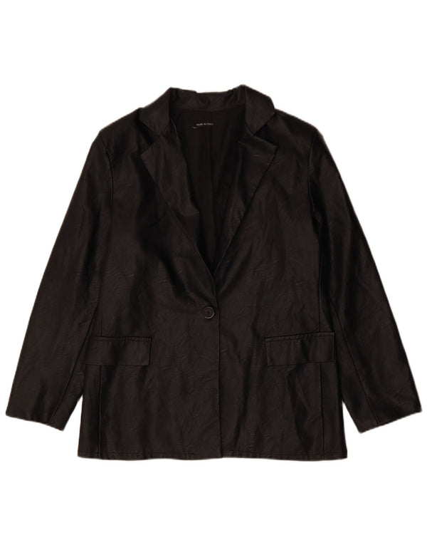 Jaqueta blazer feminina VINTAGE de couro sintético com 1 botão Reino Unido 12 médio preto