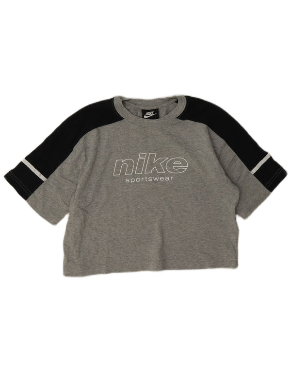 Camiseta feminina Nike Crop Graphic Top UK 8 pequena cinza colorblock algodão