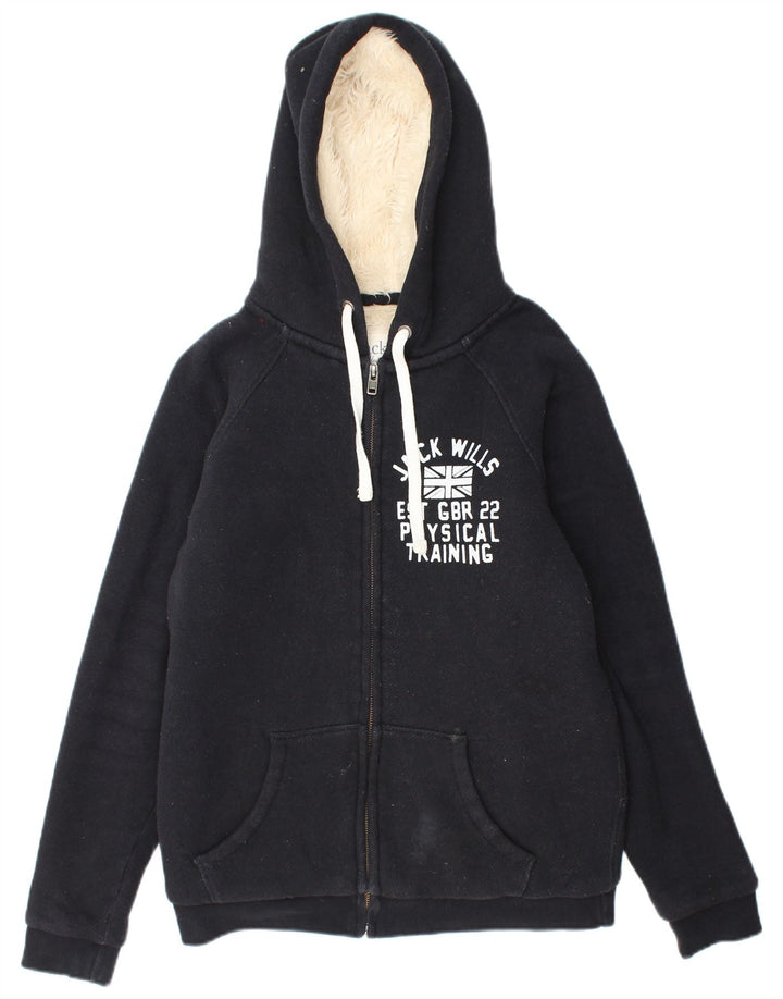JACK WILLS Suéter feminino com capuz e zíper Sherpa gráfico Reino Unido 10 pequeno preto