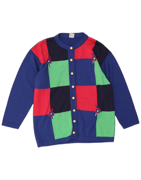Suéter cardigã feminino vintage Reino Unido 16 grande algodão colorblock azul