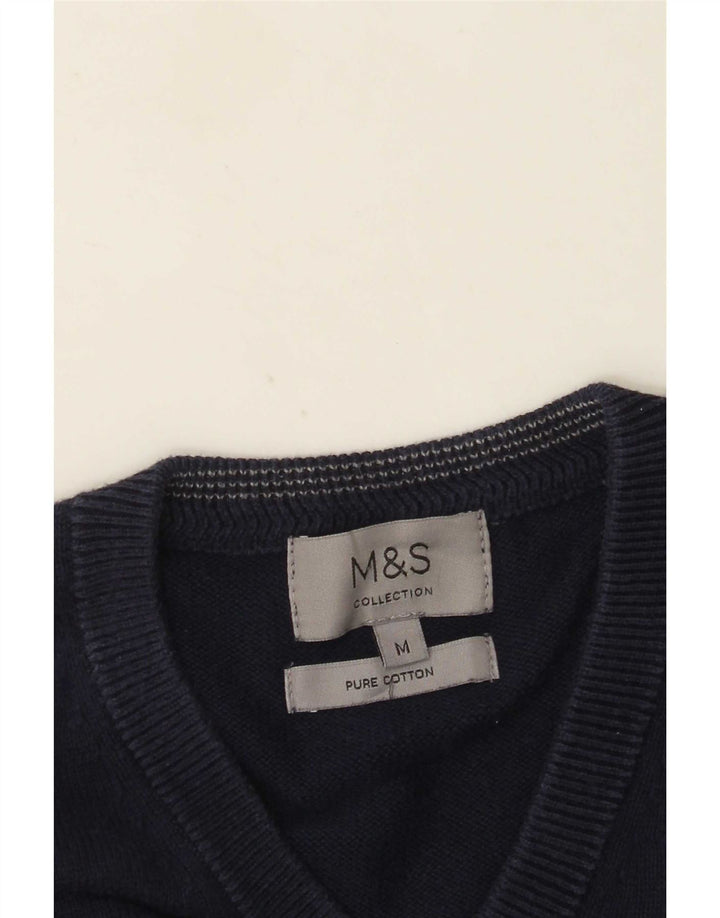 Suéter masculino Marks & Spencer com decote em V, algodão azul marinho médio