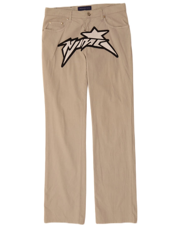 Calça masculina Trussardi gráfica reta casual W29 L31 algodão bege
