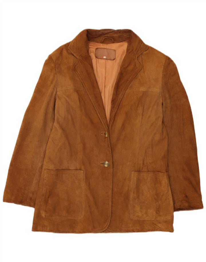 Jaqueta blazer feminina vintage de camurça com 2 botões Reino Unido 12 couro bege médio