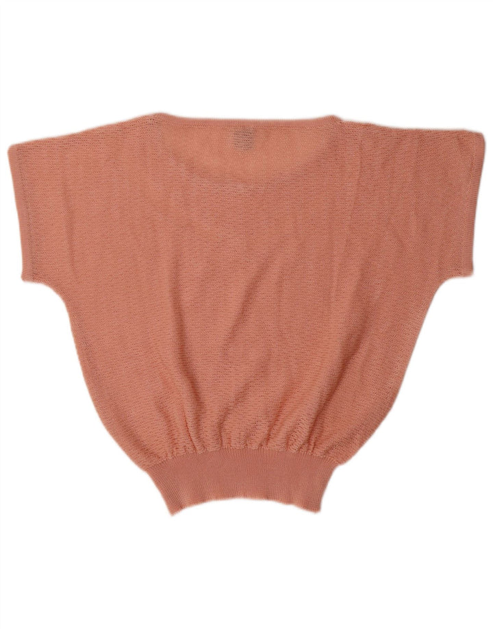 Suéter feminino VINTAGE de manga curta com gola canoa Reino Unido 14 médio rosa