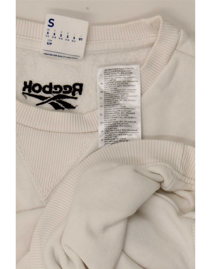 Reebok feminino gráfico crop moletom jumper UK 8/10 pequeno poliéster branco