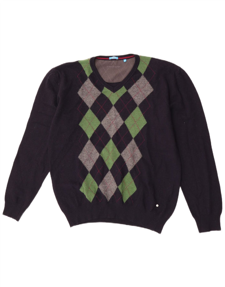 Suéter masculino Burlington com decote em V XL azul marinho Argyle/Diamante