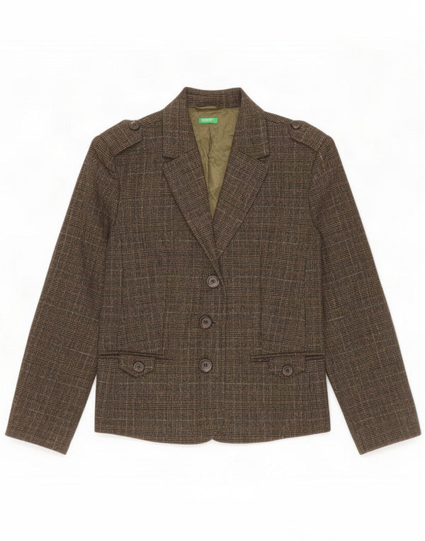 Jaqueta Blazer feminina militar de 3 botões Benetton IT 46 Grande xadrez cáqui