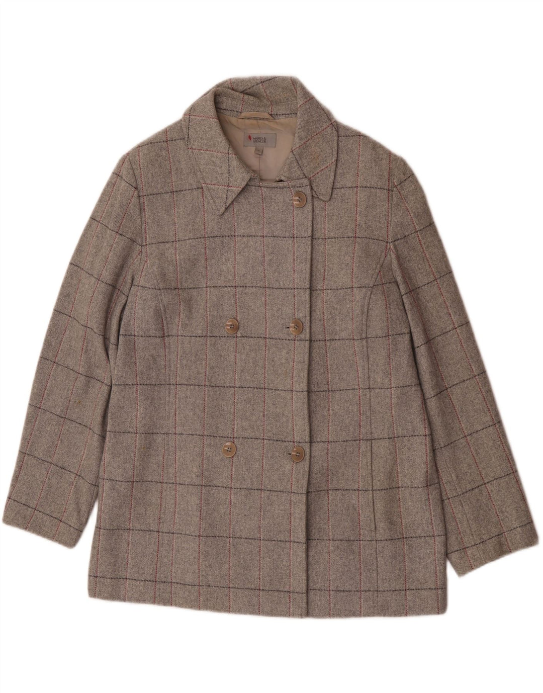 Casaco feminino Marks & Spencer com peito duplo Reino Unido 18 XL cinza xadrez lã nova