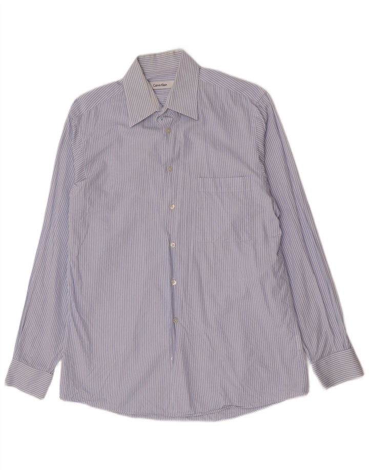 Camisa masculina Calvin Klein tamanho 15 1/2 algodão listrado azul médio