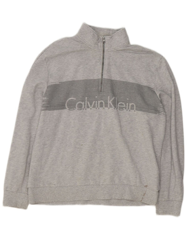 Moletom masculino Calvin Klein com gola com zíper e moletom XL cinza manchado de algodão