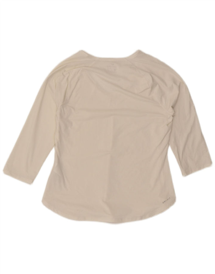 Nike feminino Dri Fit Top manga 3/4 Reino Unido 12 médio branco poliéster