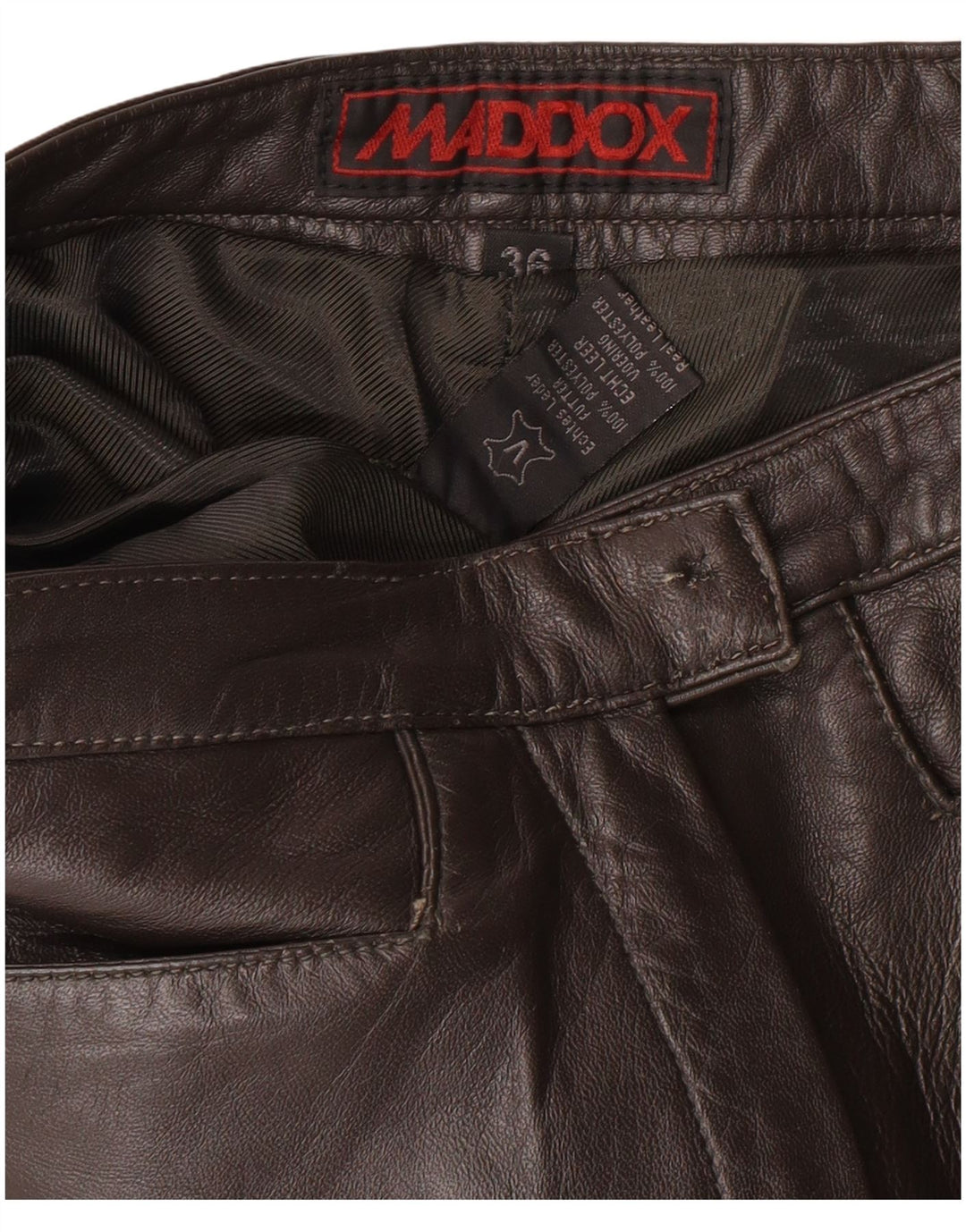 Calça feminina de couro MADDOX UE 36 pequena W26 L32 couro marrom