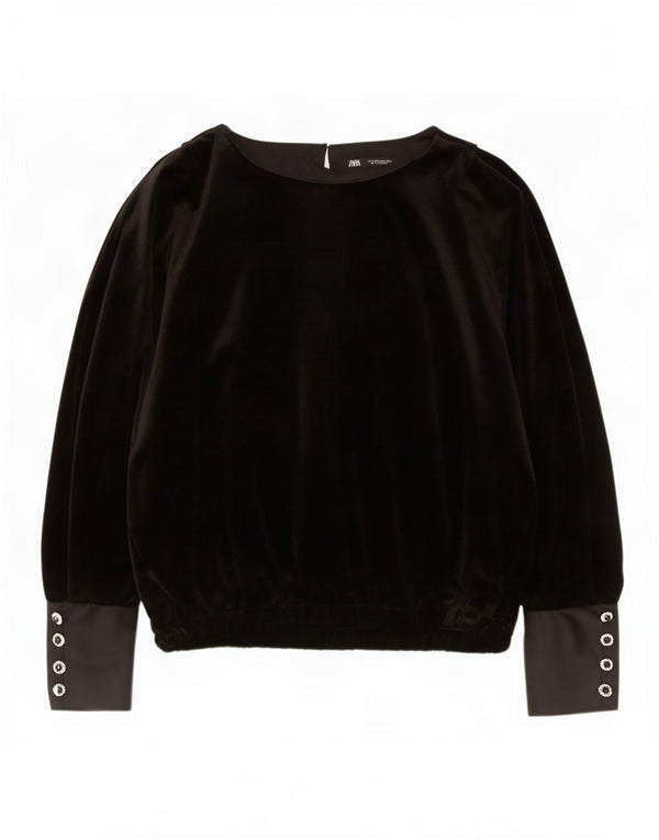 Blusa feminina de veludo de manga comprida grande Zara Reino Unido 14 médio preto
