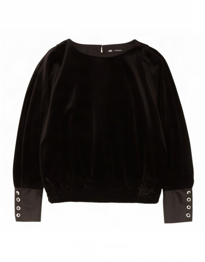 Blusa feminina de veludo de manga comprida grande Zara Reino Unido 14 médio preto