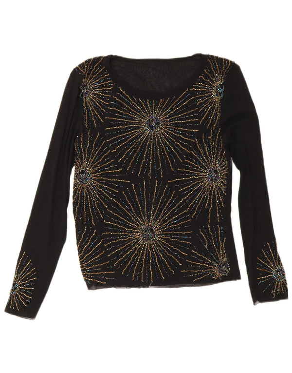 Top feminino vintage de manga comprida Reino Unido 10 viscose floral preta pequena