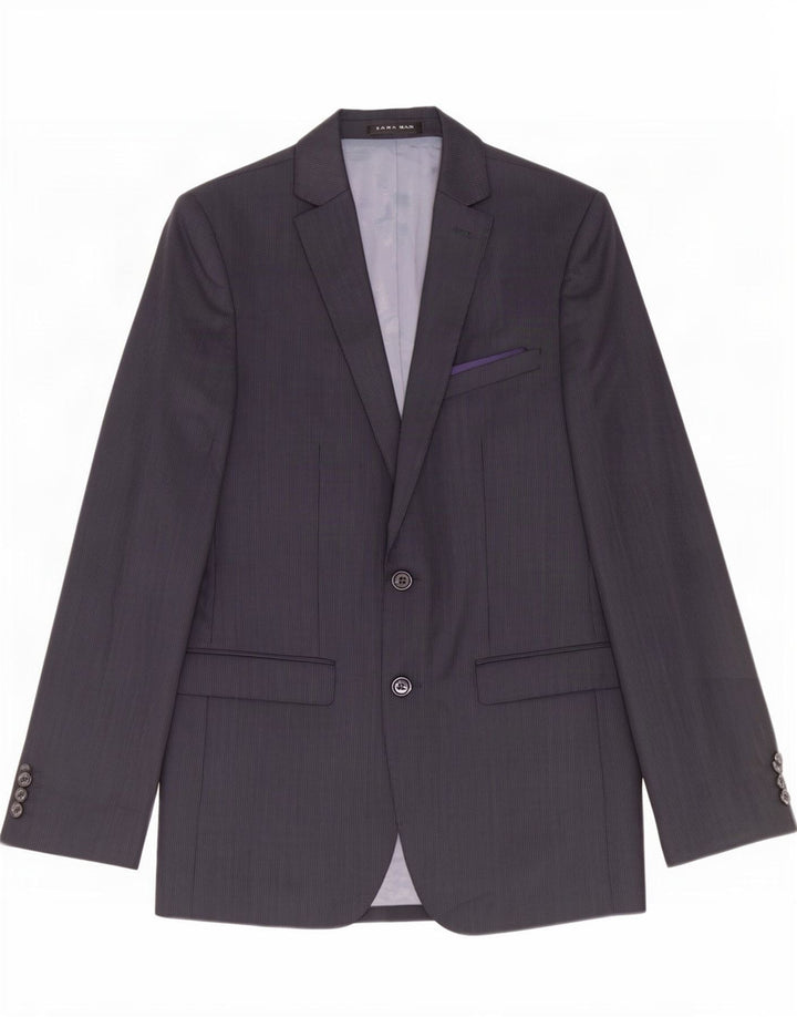 Jaqueta blazer masculina Zara com 2 botões EU 48 poliéster listrado azul marinho médio