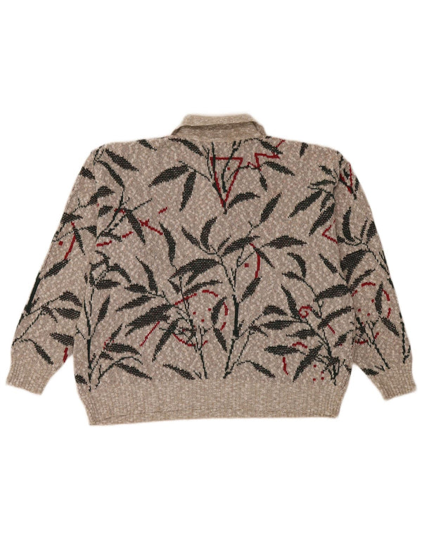 Suéter feminino vintage com gola polo UK 16 grande cinza floral