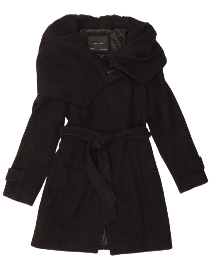 Zara Womens Trench Coat UK 12 Médio Lã Preta