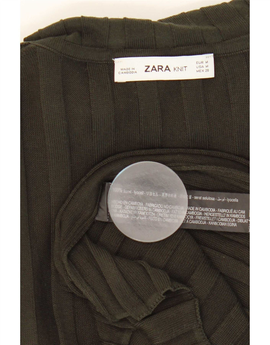 Top feminino Zara de manga comprida UK 12 Lyocell cáqui médio
