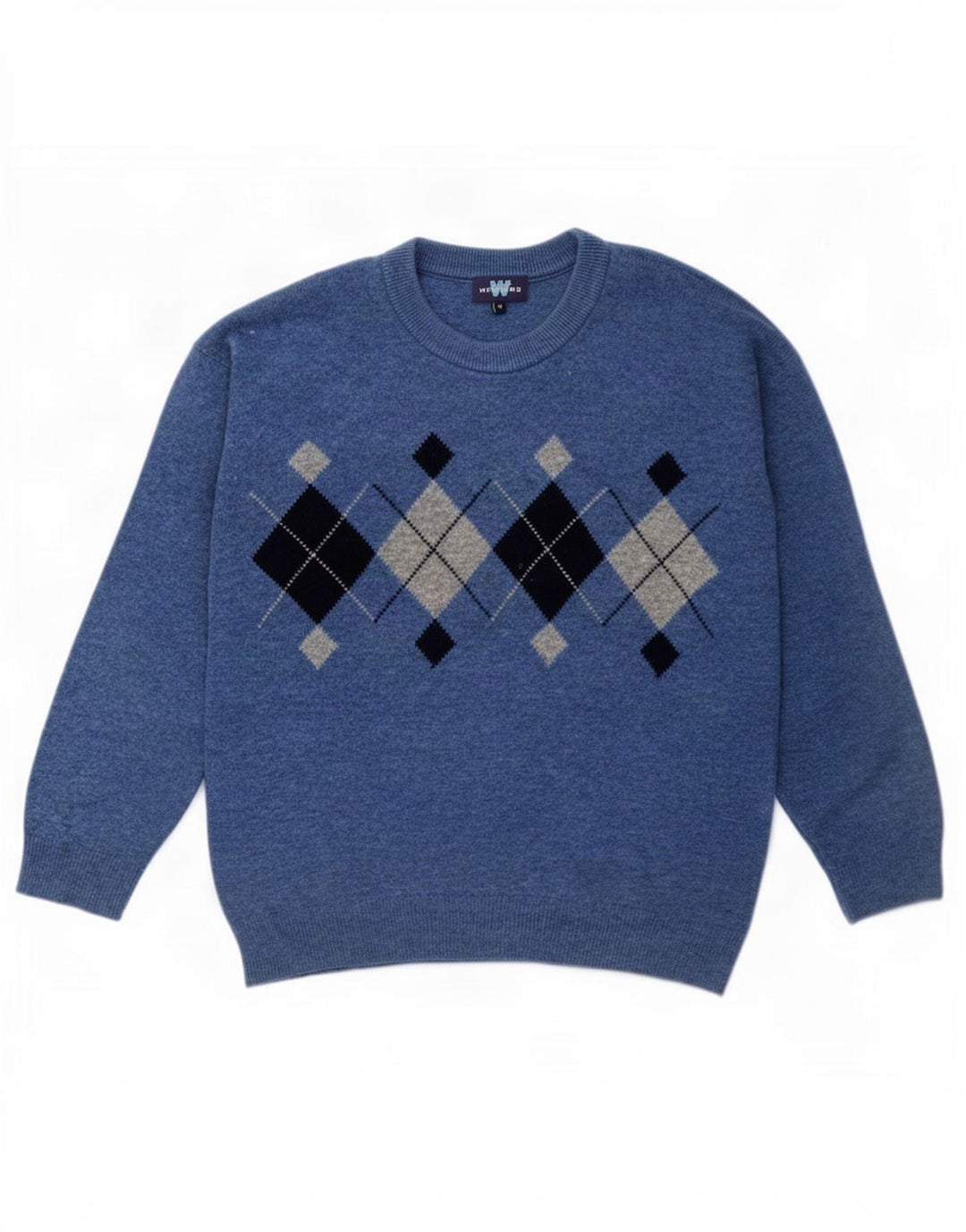 Suéter masculino de fim de semana com gola redonda, azul médio Argyle/lã diamante