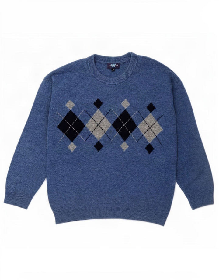 Suéter masculino de fim de semana com gola redonda, azul médio Argyle/lã diamante