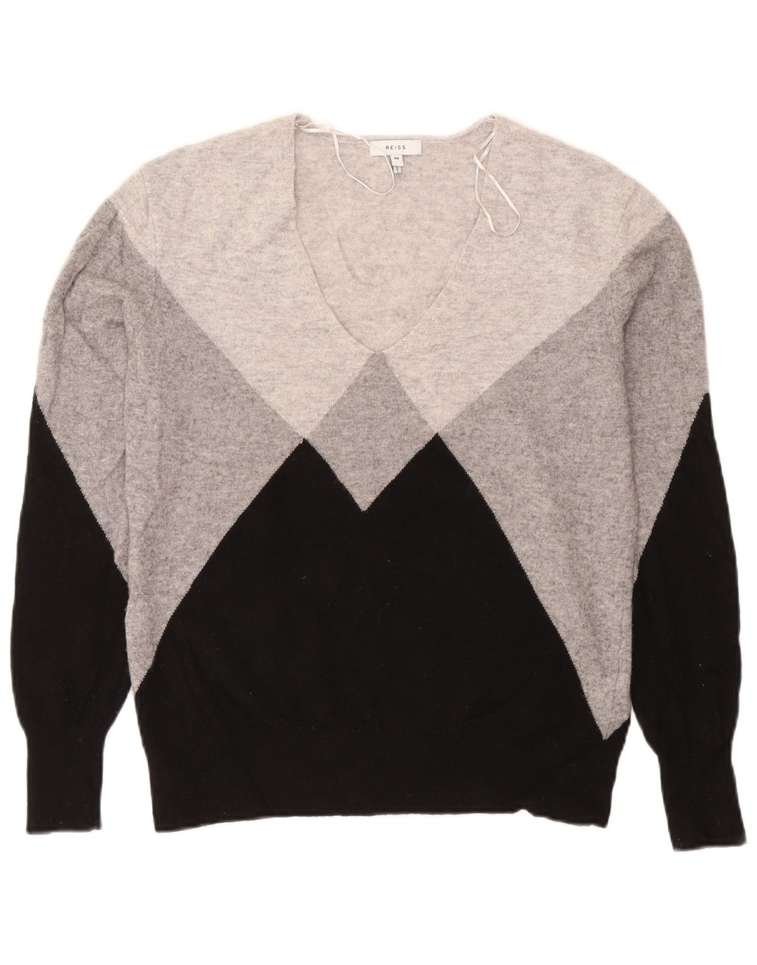 Suéter feminino Reiss com decote em V Reino Unido 14 lã colorblock cinza médio