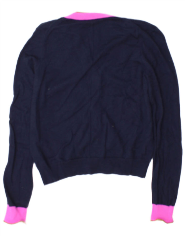 Suéter cardigã feminino Jigsaw Reino Unido 14 lã colorblock azul marinho médio