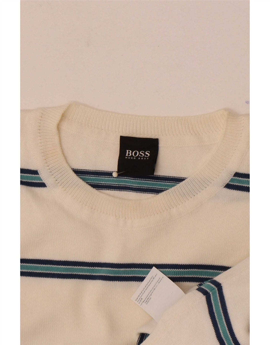 Suéter masculino Hugo Boss com gola redonda, algodão listrado branco médio
