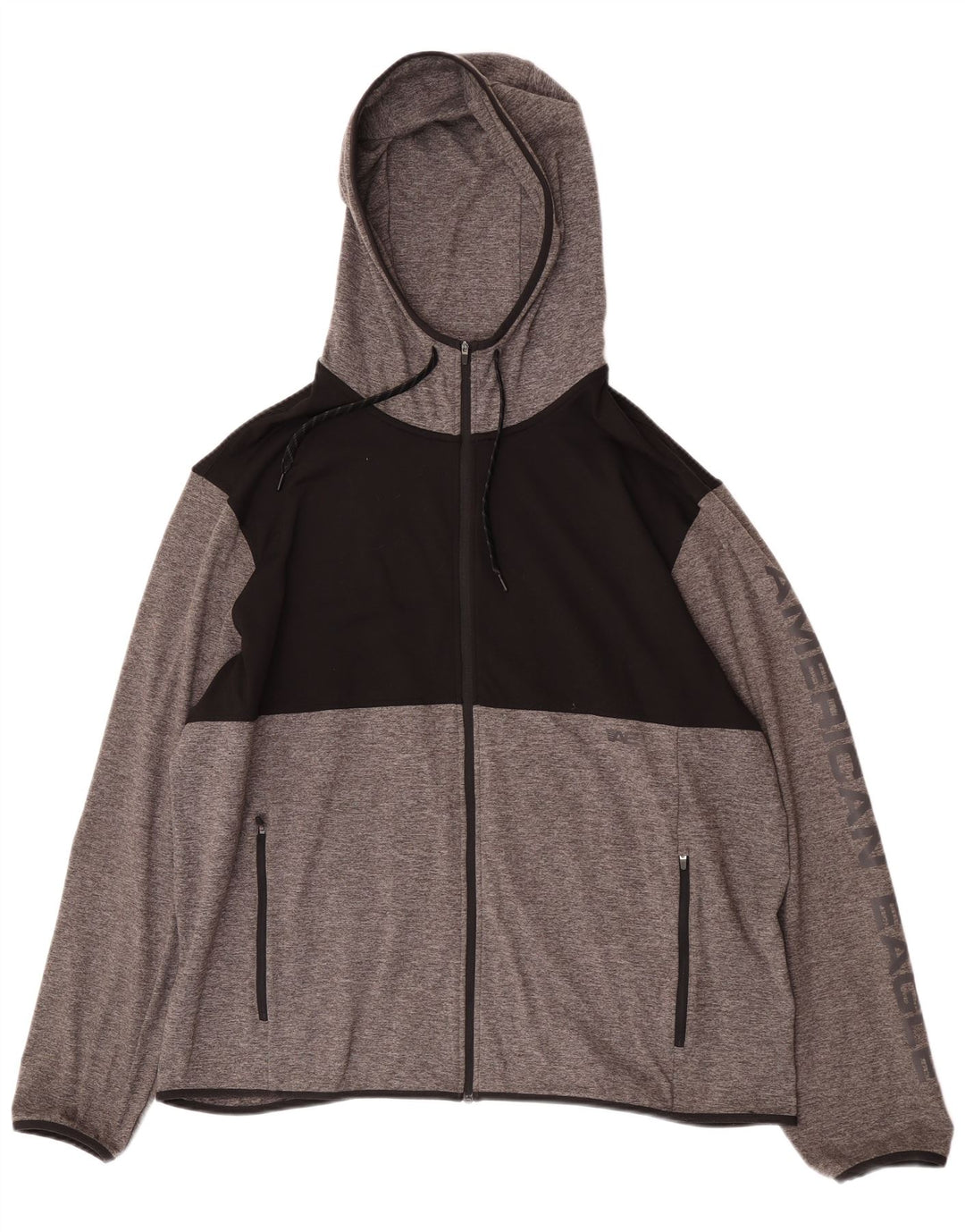 Suéter masculino American Eagle com capuz e zíper gráfico 2XL bloco colorido cinza