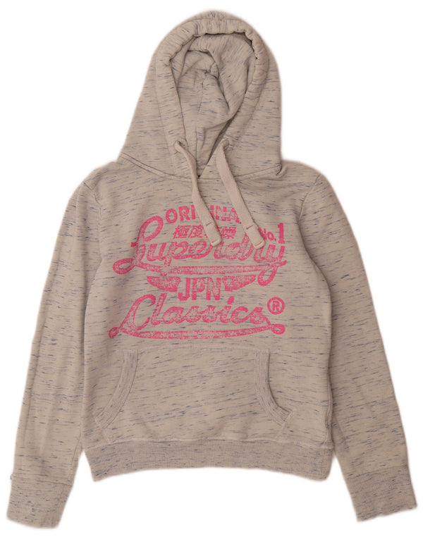 Superdry feminino gráfico moletom com capuz UK 10 pequeno algodão manchado cinza