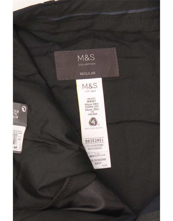 Calça masculina de terno regular Marks & Spencer W34 L33 azul marinho lã