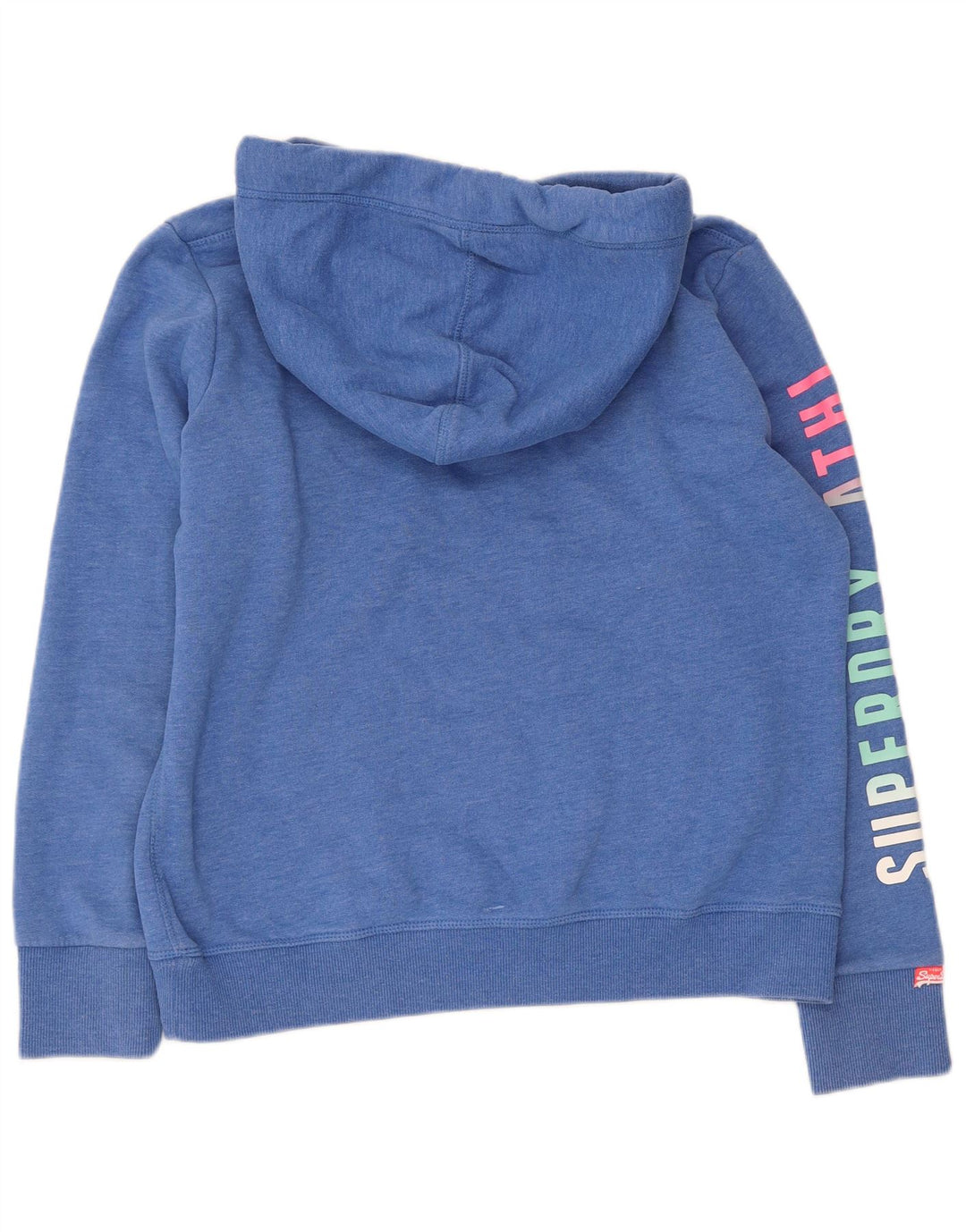 Jumper feminino com capuz gráfico SUPERDRY Reino Unido 16 grande algodão manchado azul