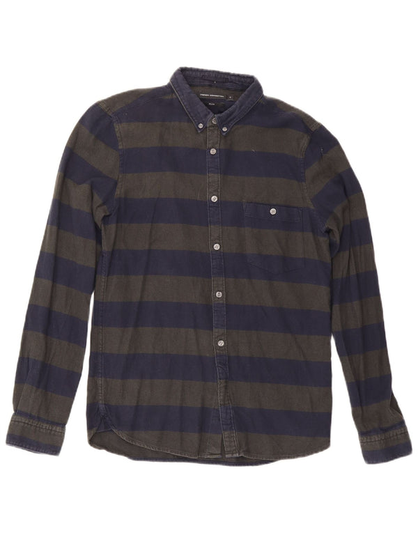 Camisa masculina de flanela fina French Connection pequena listrada azul marinho de algodão