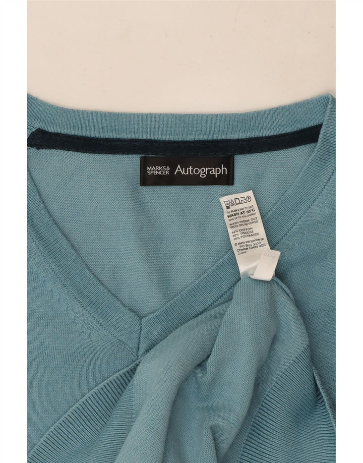 Suéter masculino Marks & Spencer Autograph com decote em V de algodão azul médio